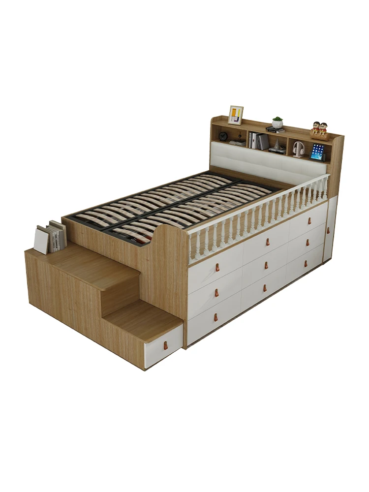 Small apartment high box storage bed multi-functional storage bed tatami with pedal Nordic single bed space-saving customization