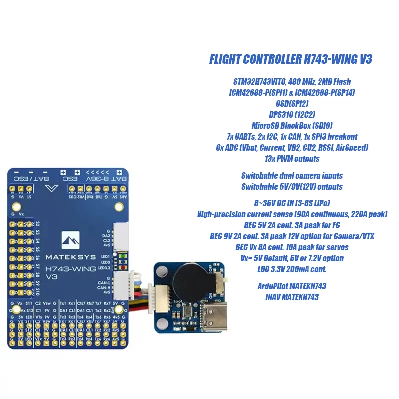 VOLODYMYR for Matek H743-WING V3 STM32H743VIT6 Built-in OSD Support Dual Camera INAV Flight Controller for FPV Fixed Wing Drones