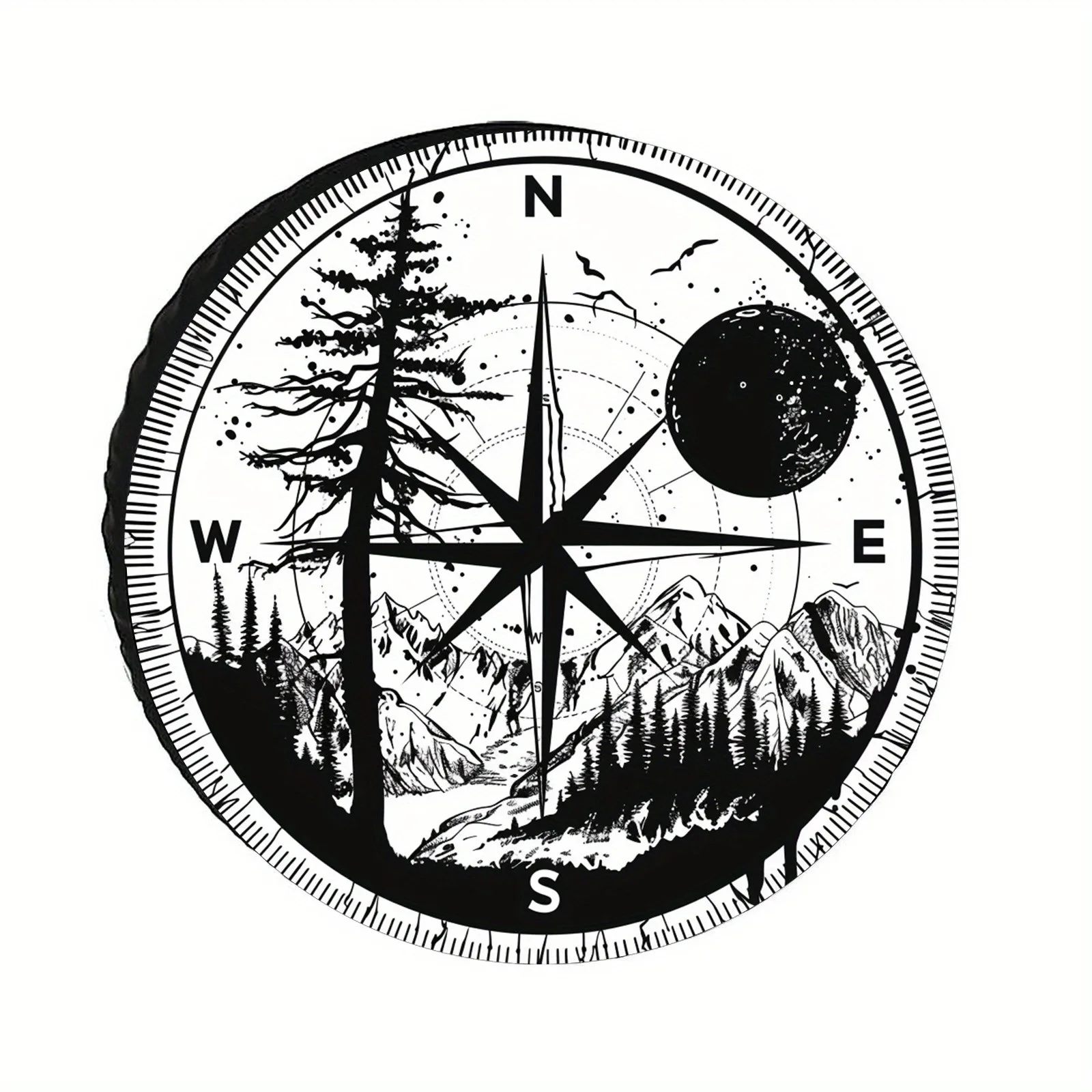 Black and White Compass Mountain River Spare Tire Cover Universal for SUV Off-Road Vehicles All Seasons