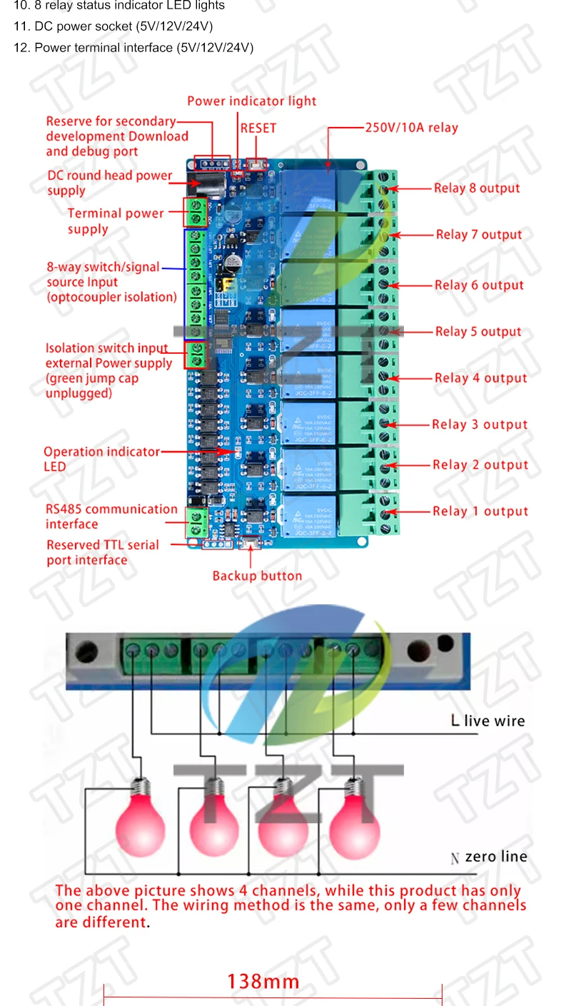 Modbus-RTU Relaismodul 1/1/2/4/8 Kanäle 10A 5V 12V 24V Schalter Eingang Ausgang Optokoppler-Isolation RS485 TTL – Detail 4