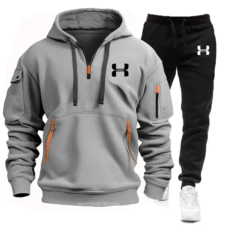 New men's autumn and winter zipper multi pocket long sleeved hooded sweatshirt+sports casual pants two-piece fitness running sui