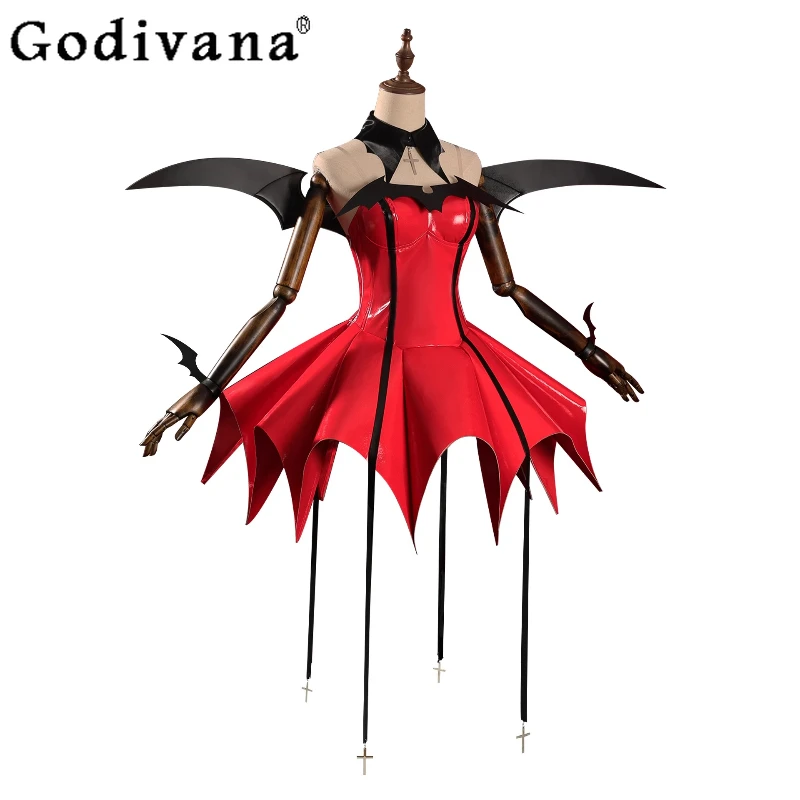 Zestaw Karnawałowy Halloween dla Kobiet Czerwony Świąteczny Strój do Odgrywania Ról Damska Peruka Skrzydła Akcesoria Sukienka