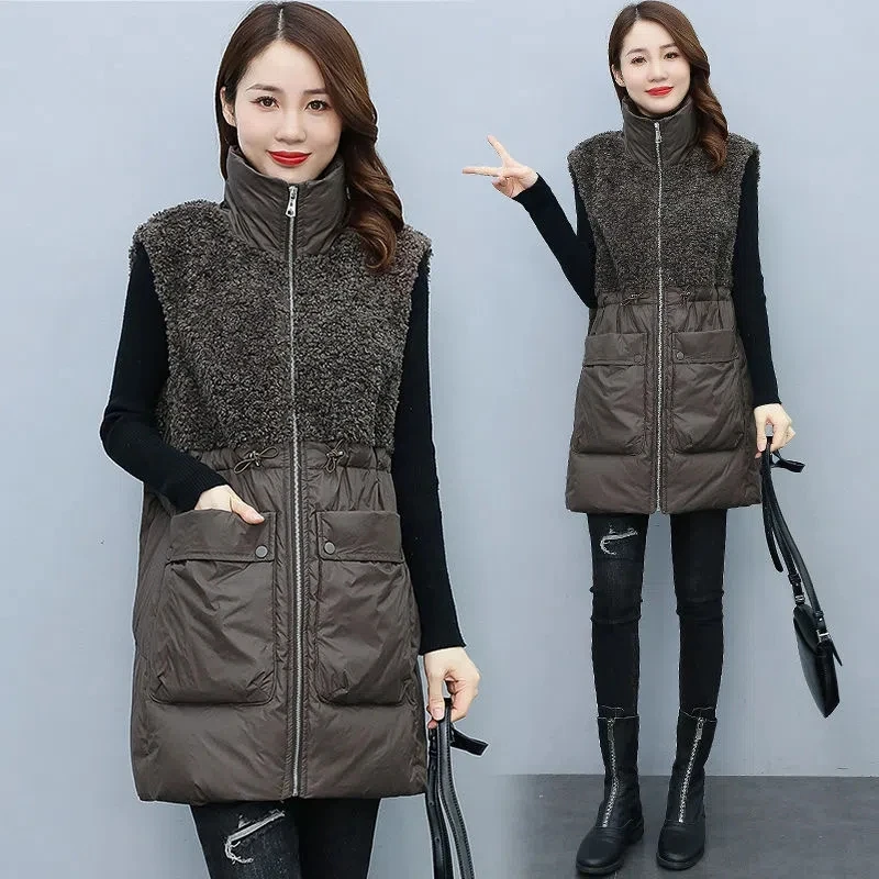 

Lamb Wool Stitching Vest Women Jacket Sleeveless Pocket Drawstring Waistcoat Autumn Winter Fashion Warm Mid-Length Chaleco Mujer