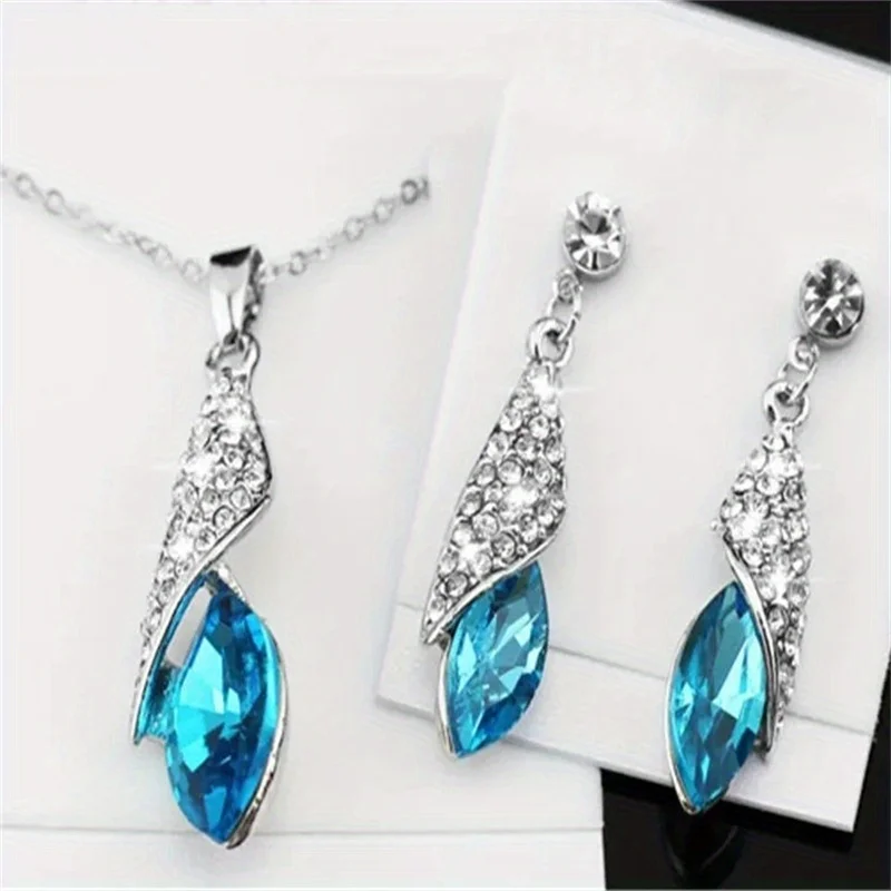 Water droplets crystal jewelry set for women, fashion silver plated rhinestone Earning and necklace, luxury gift