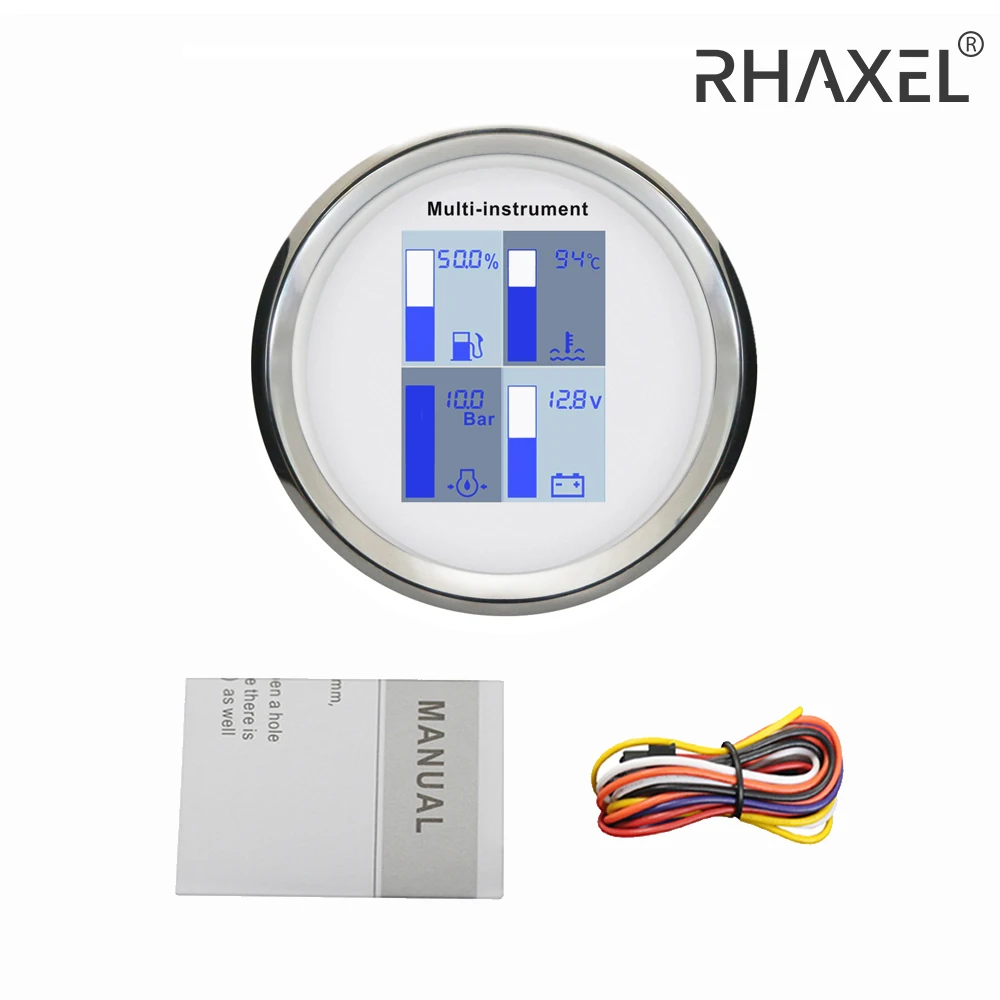 RHAXEL 85mm 4in1 Multi-Function Gauge Fuel Level Water Temp Oil Press Voltmeter with Alarm 12V 24V for Car Boat RV Universal
