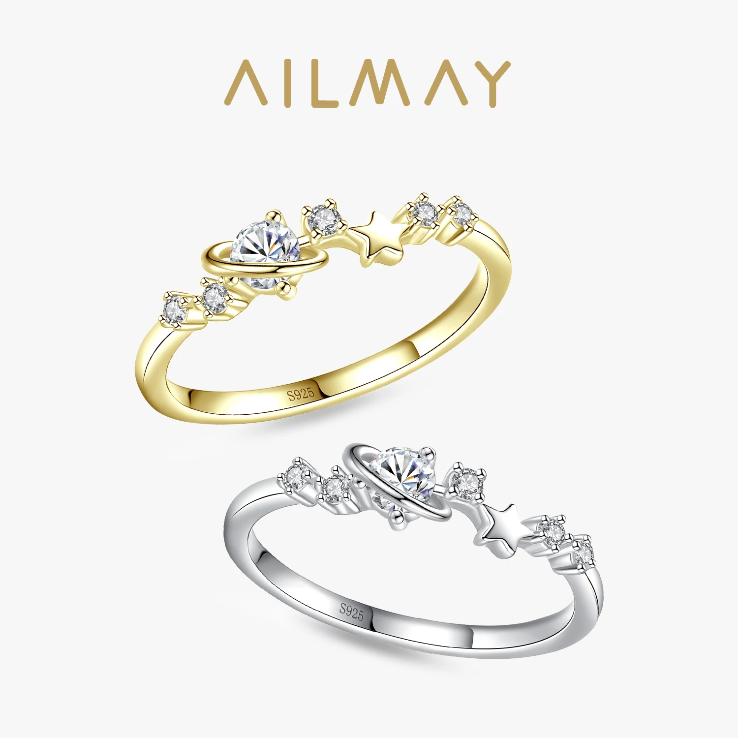 Ailmay جودة عالية ريال 925 فضة واضح الزركون الذهب اللون موضة ستار خواتم للنساء مجوهرات الزفاف الكلاسيكية
