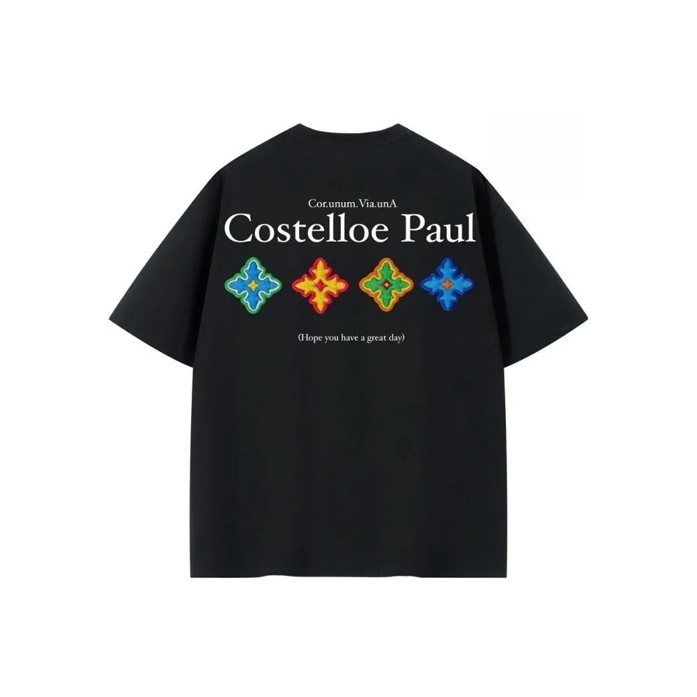 

2025: новейшая корейская модная футболка из чистого хлопка с короткими рукавами и короткими рукавами с короткими рукавами и принтом в стиле ретро со звездой на спине