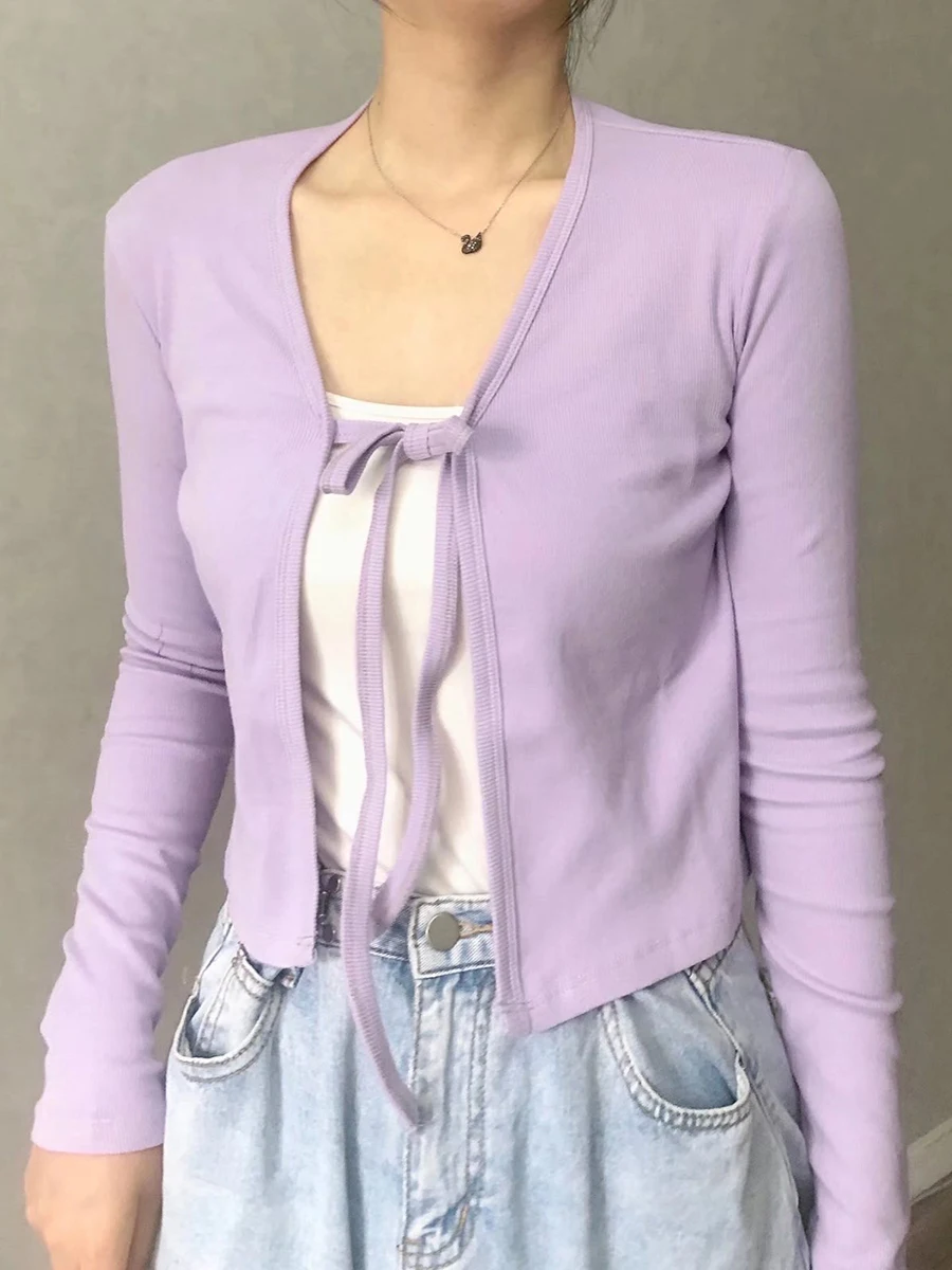 

Sweet Slim Cotton Knitted Cardigan Tops Women Autumn New Cotton Solid Harajuku Long Sleeve Tee Vintage Chic Y2K Lace-up T-shirts