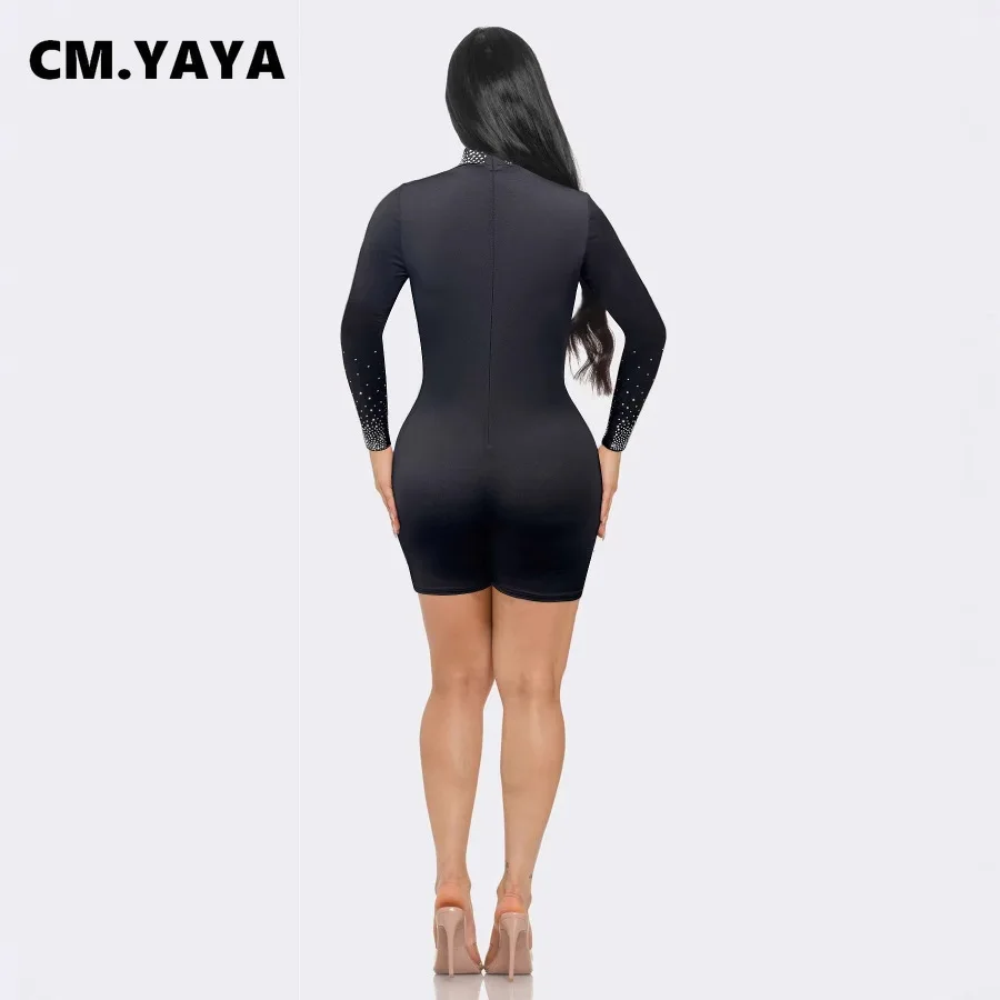 CM.YAYA Women Diamonds Mesh Patchwork Long Sleeve Playsuits Short Jumpsuits 2025 Spring Sexy Party Club One Piece Outfit Rompers