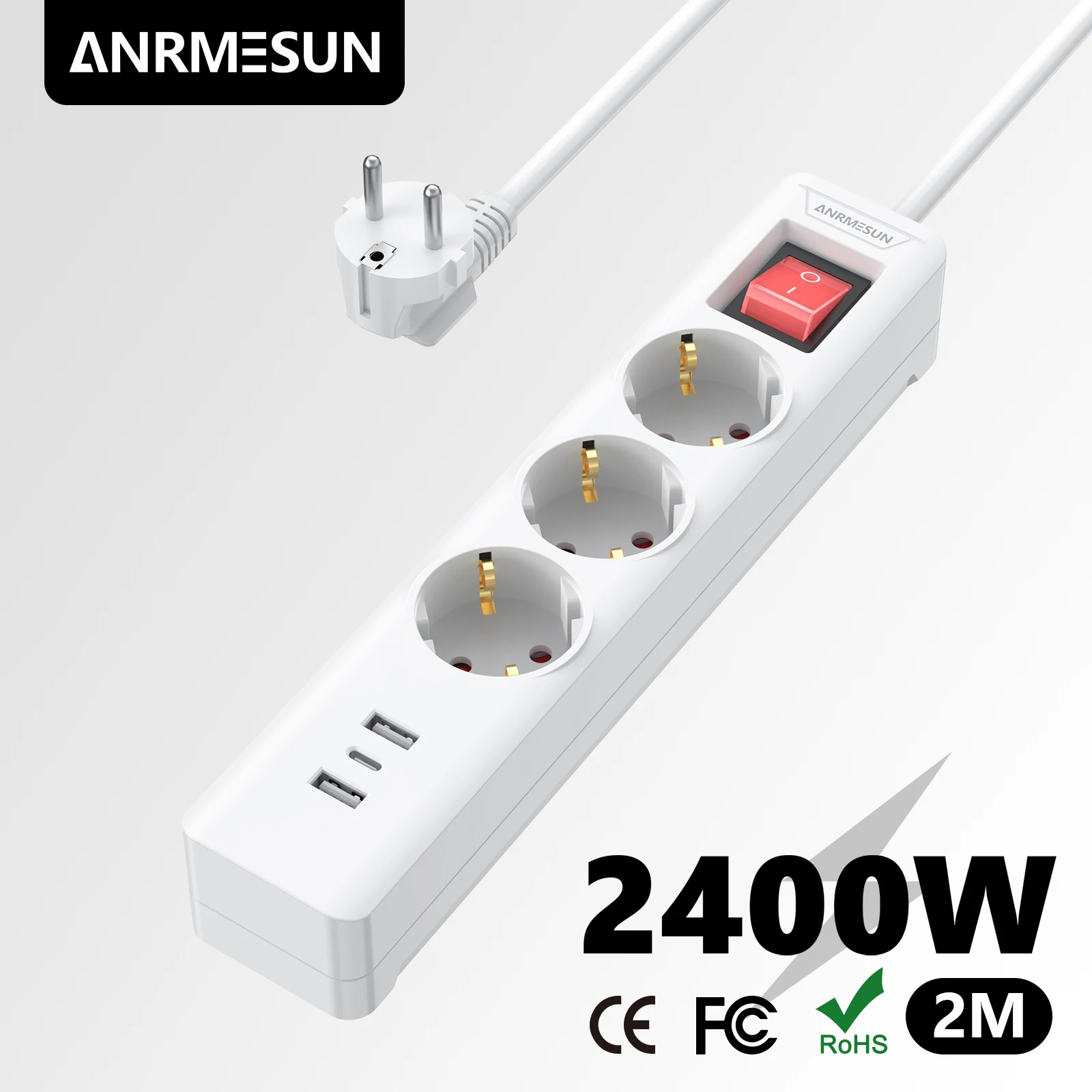 EU Power Strip with Surge Protector And Overload Protection 2M Copper Wire 6 Ports (3AC 2 USB 1 PD 20W Type-C) for Home Office
