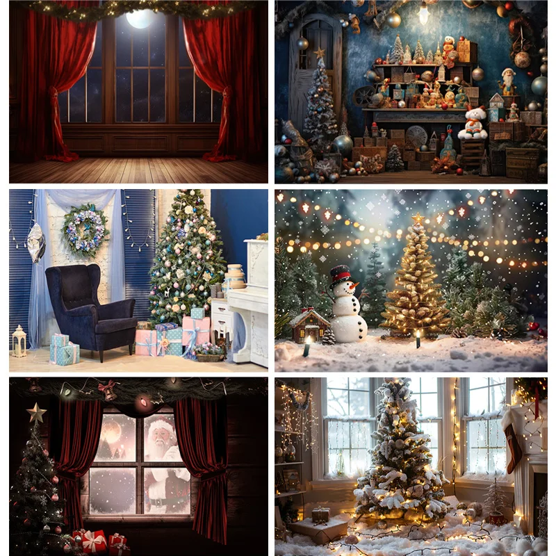 

Christmas Day Photography Backdrops Prop Fireplace Window Winter Xmas Tree Decoration Flower Garland Wood Door Background JU-10