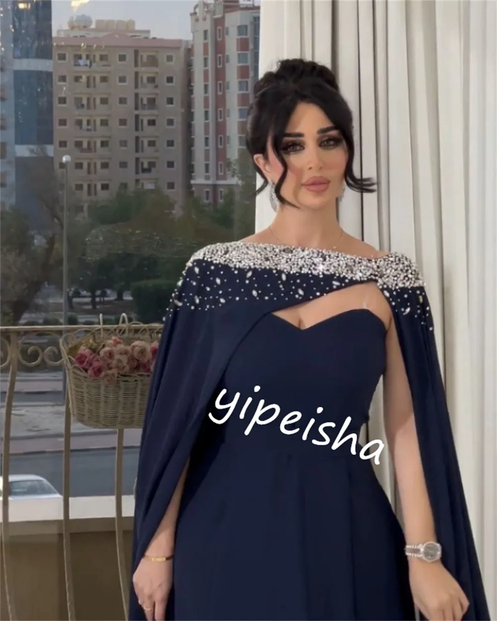 Vestido Midi de noche de Arabia Saudita, Jersey con cuentas de Navidad, línea A, cuello redondo, a medida, vestidos para ocasiones