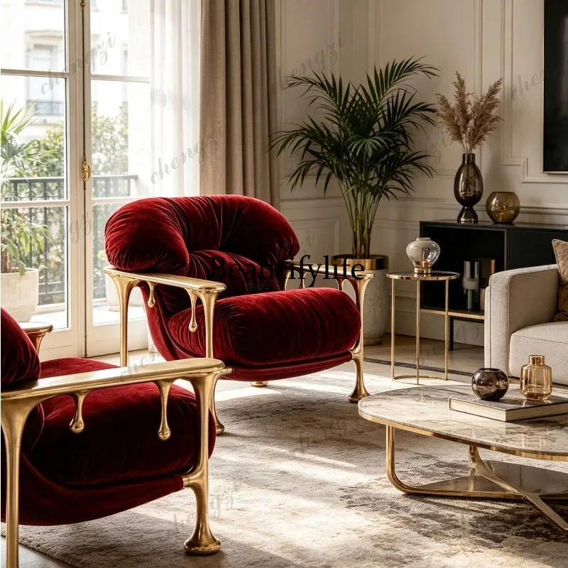 Medieval artistic single chair burgundy velvet fiberglass floor-to-ceiling leisure sofa chair