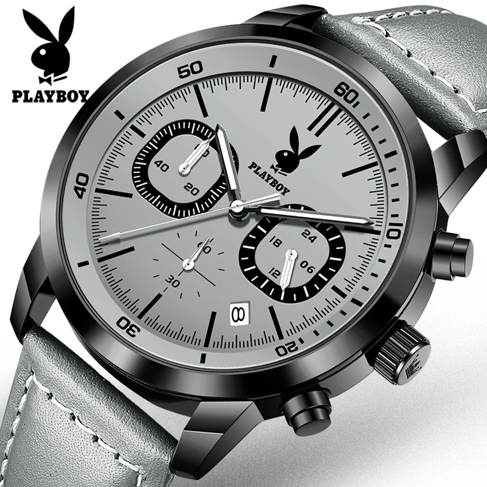 PLAYBOY Top Brand Classic Original Trend Watches for Men Calendar Luxury Chronograph Fashion Leather Strap Quartz Men\'s Watches