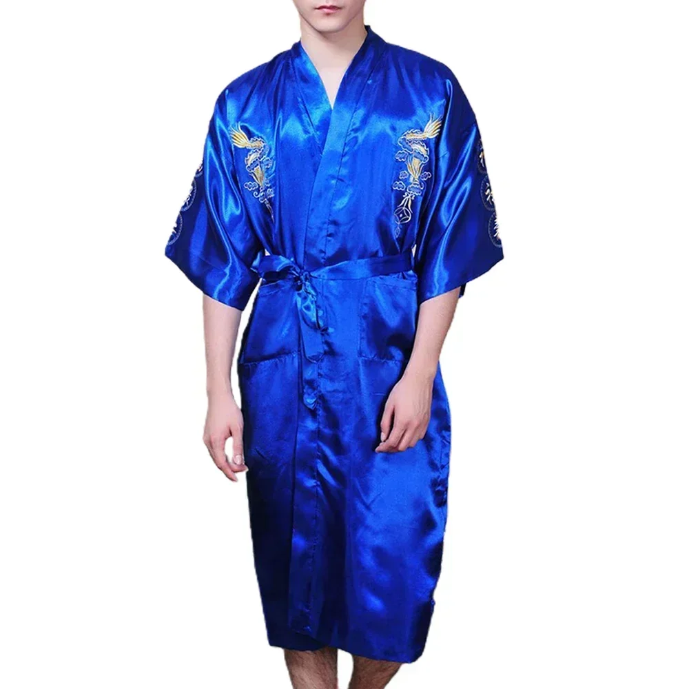 Men\'s Satin Robes Chinese Style Dragon Embroidery Kimono Silk-like Bathrobe Pajamas Sleepwear Gown Bath Robe