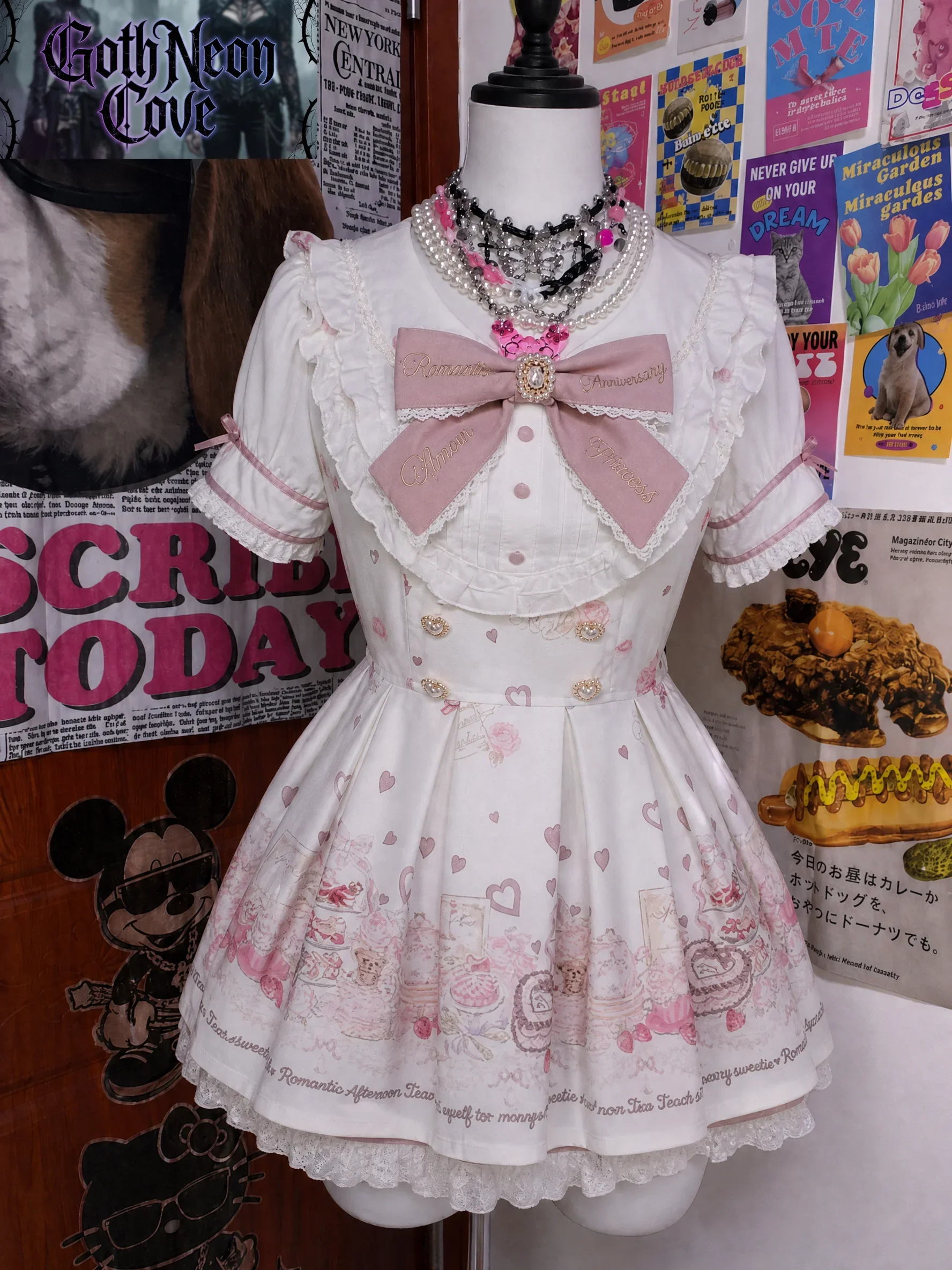 Summer Japanese Subculture Kawaii Two Piece Set Women's Short Sleeve Bow Printed Dress + Lace Mini Skirt Sweet Y2K Harajuku Set