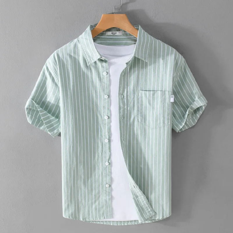 Pure Cotton Men's Shirt Summer  Versatile Striped Short Sleeve Casual Youth Artistic Fashion Leisure Men's Clothing Shirt