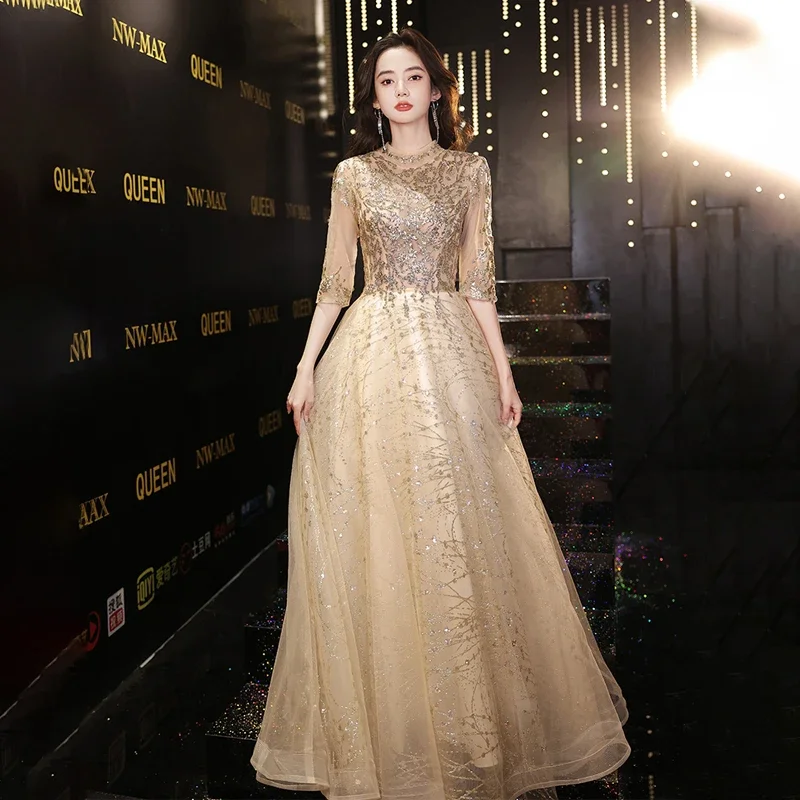 Sequins High Neck Evening Dress A-Line Half Sleeves Pleat Floor Length Lace Up Elegant Plus size Woman Formal Party Gowns XC032