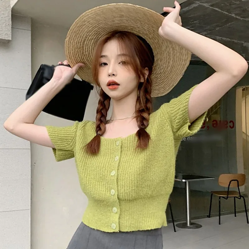 Women Knitted Top Short Sleeve Summer Solid Color Sweet Square Neck Casual Fashion Versatile Knitted Short Sleeved Cardigan