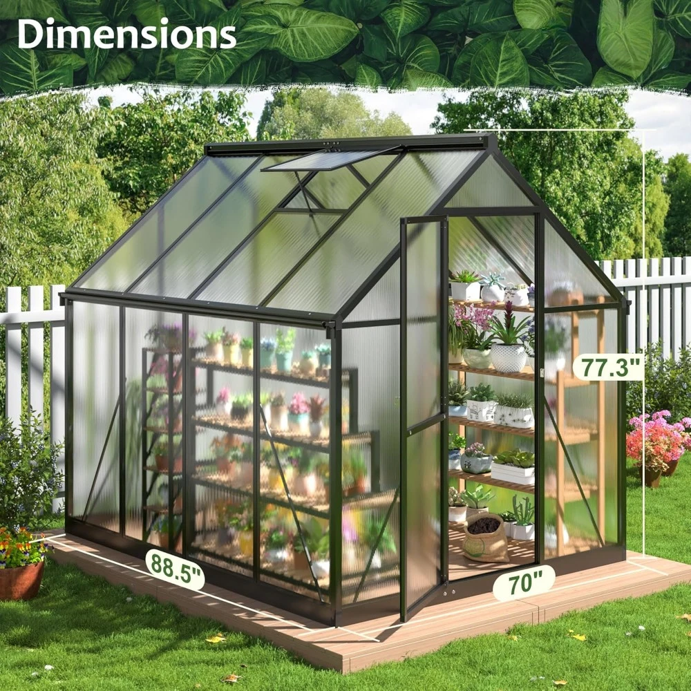 Greenhouse Kit, 6x7.5FT Greenhouses with Quick Setup Structure and Roof Vent, Aluminum Large Walk-in Greenhouse