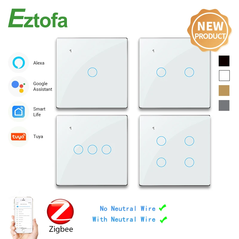 

ZigBee Wall Touch Light Switch With/Without Neutral Wire, Smart Life/Tuya APP Remote Alexa Google Home Voice Control 2/3Way EU