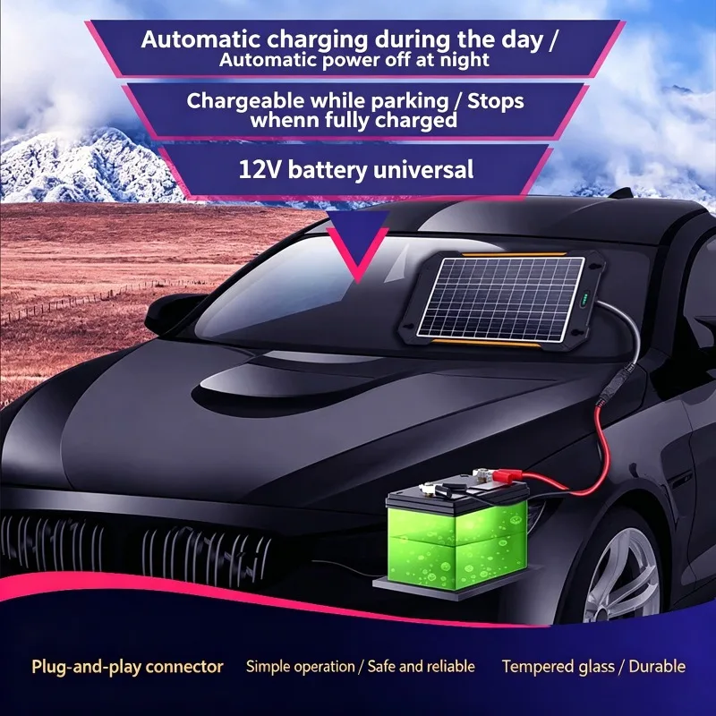 12W Monocrystalline Silicon Solar Panel Car Charger for Car Battery Trickle Charger 12V-18V Outdoor Power Supply Power Generator