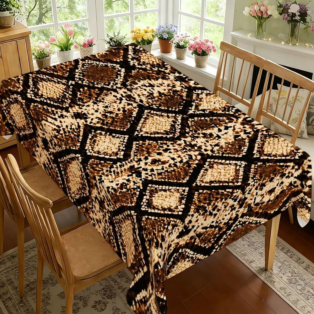 Geometric Diamond Pattern Tablecloth, Brown Snakeskin Texture Print, Modern Rectangular Table Cover for Dining Room, Kitchen, Home Decor, Washable Fabric, Elegant Style for Parties, Weddings, Holidays, Spring And Summer Table Setting