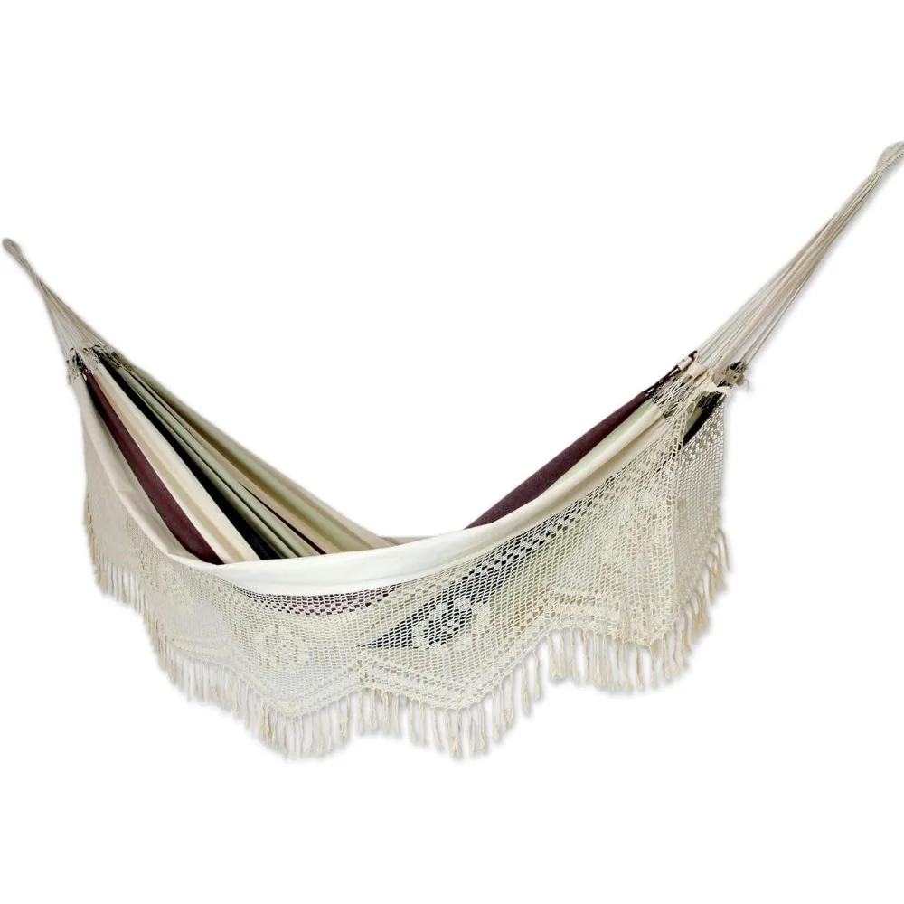 

Dark Green Brown White Stripe 2 Person Cotton Brazilian Hammock with White Crochet Fringe, Joyous Earth' (Double)