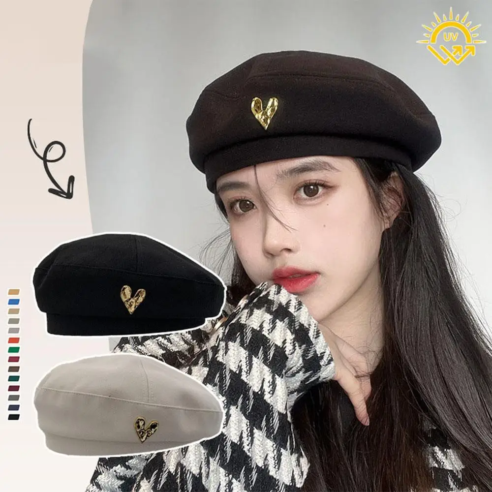 

Fashion Elegant Top Cap Painter Hat Metal Heart-shaped Octagonal Cap Beanie Hat Cotton Woolen Berets Solid Color Brimless Hat