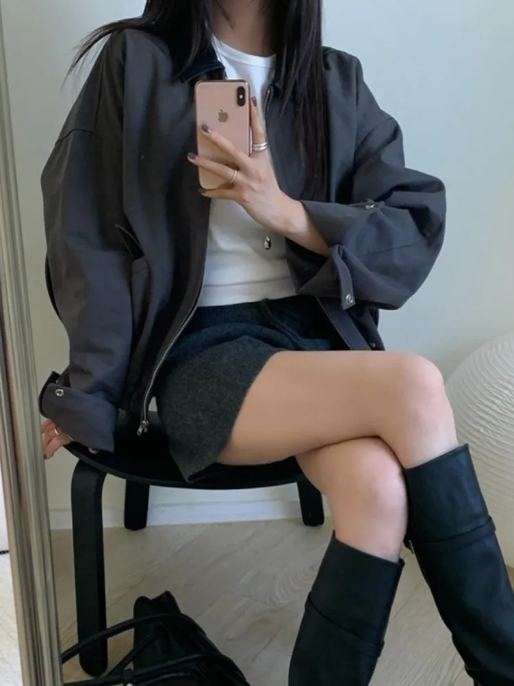 أنيقة الخريف جديد بولي Leather الجلود التباين اللون طوق فضفاض عادية طويلة Sve Jaet ort ملابس خارجية المرأة Faion تخفيف