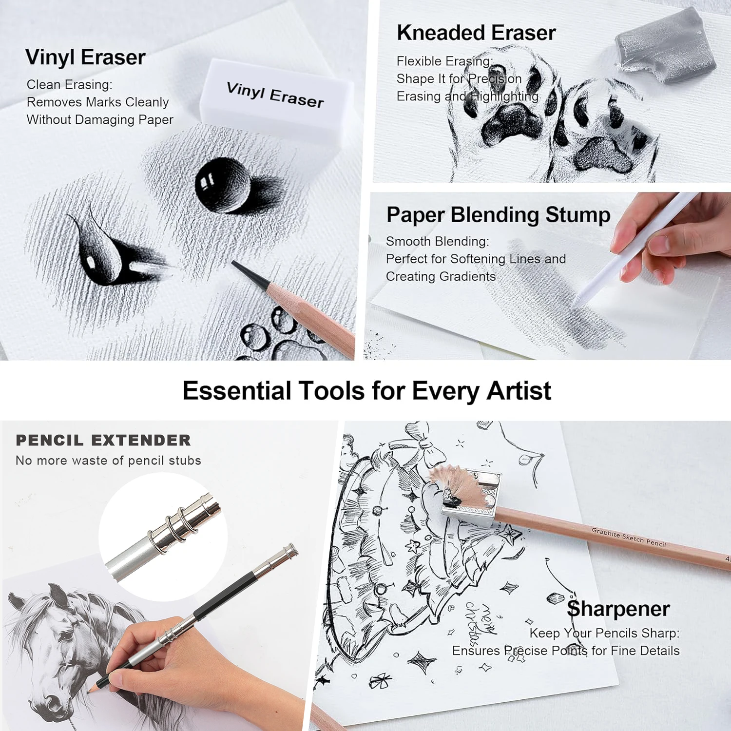 مجموعة 29 قلم رسم احترافي مع علبة نايلون قابلة للطي - 14 قلم رصاص جرافيت (14B-5H)، أقلام فحمية، ممحاة، جذوع إلخ #6