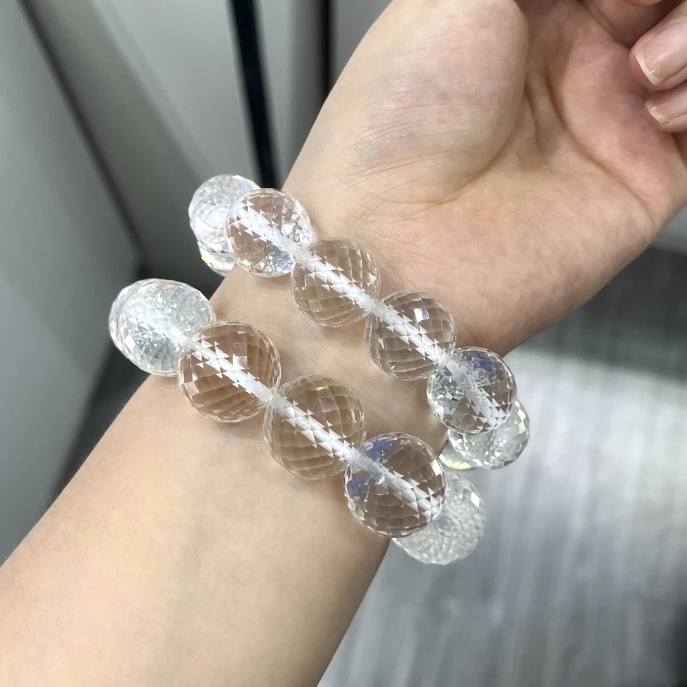 Fashion Beaded Bracelet 18-20mm Artificial White Corundum Faceted Round Beads Hand Stretch Bangle Jewelry