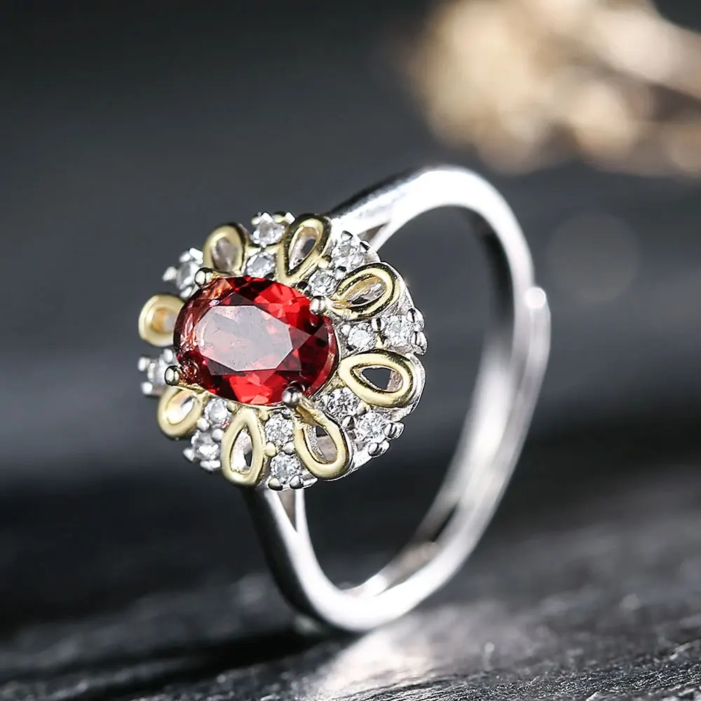 S925 pure silver natural garnet crystal ring, elegant and exquisite two tone petal design, women's wedding jewelry birthday gift