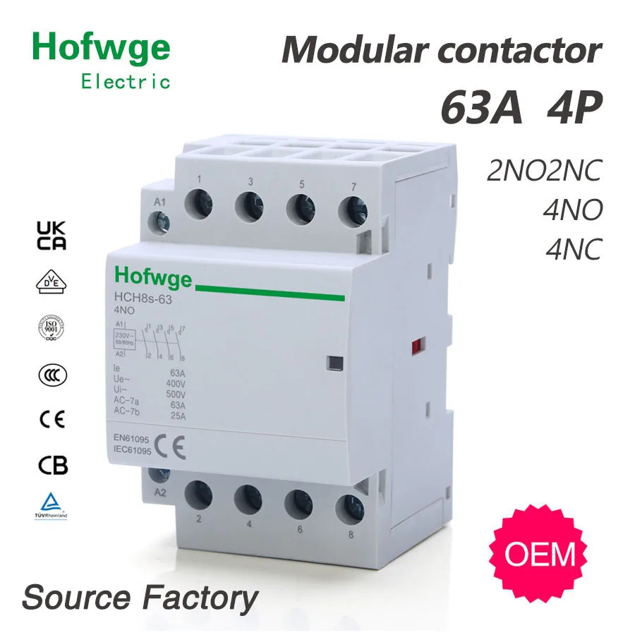 HCH8s-63 40A  Modular Contactor 4P 63A 4NO 4NC 2NO2NC 220V 110V 120V  24V Automatic Household Contactor Din Rail Type  50/60Hz