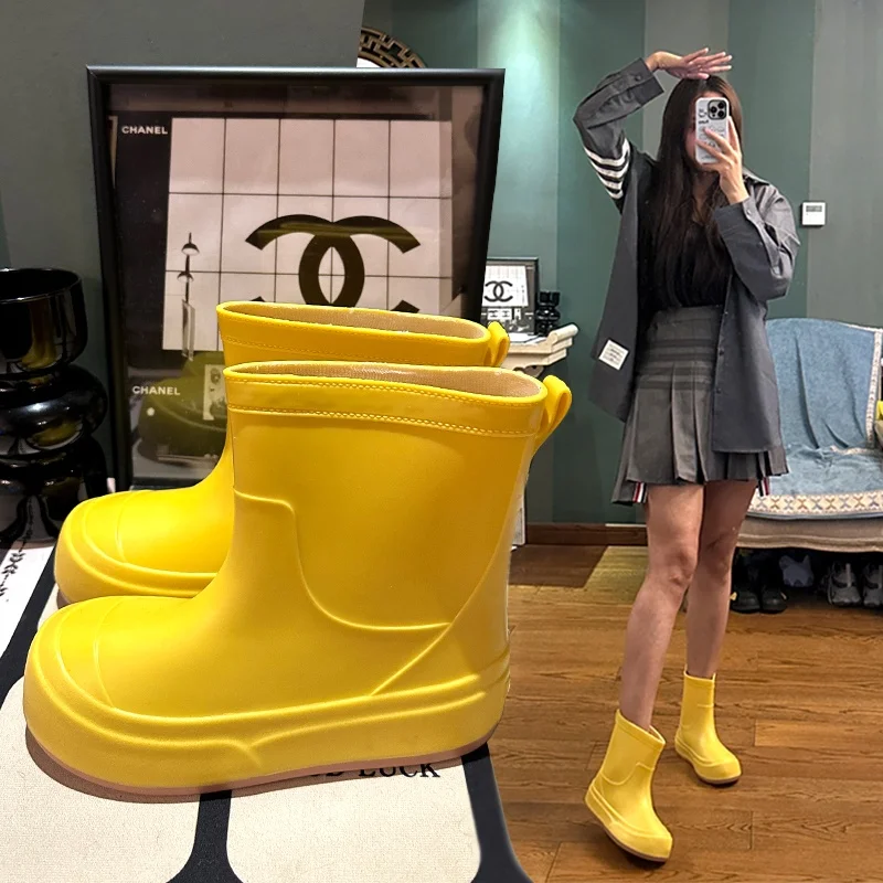 

Waterproof Fce Lined Cute Women's Rain Boots Anti-Slip Japanese Sle Mid-Calf PVC Booties Comfortable All-Season oes