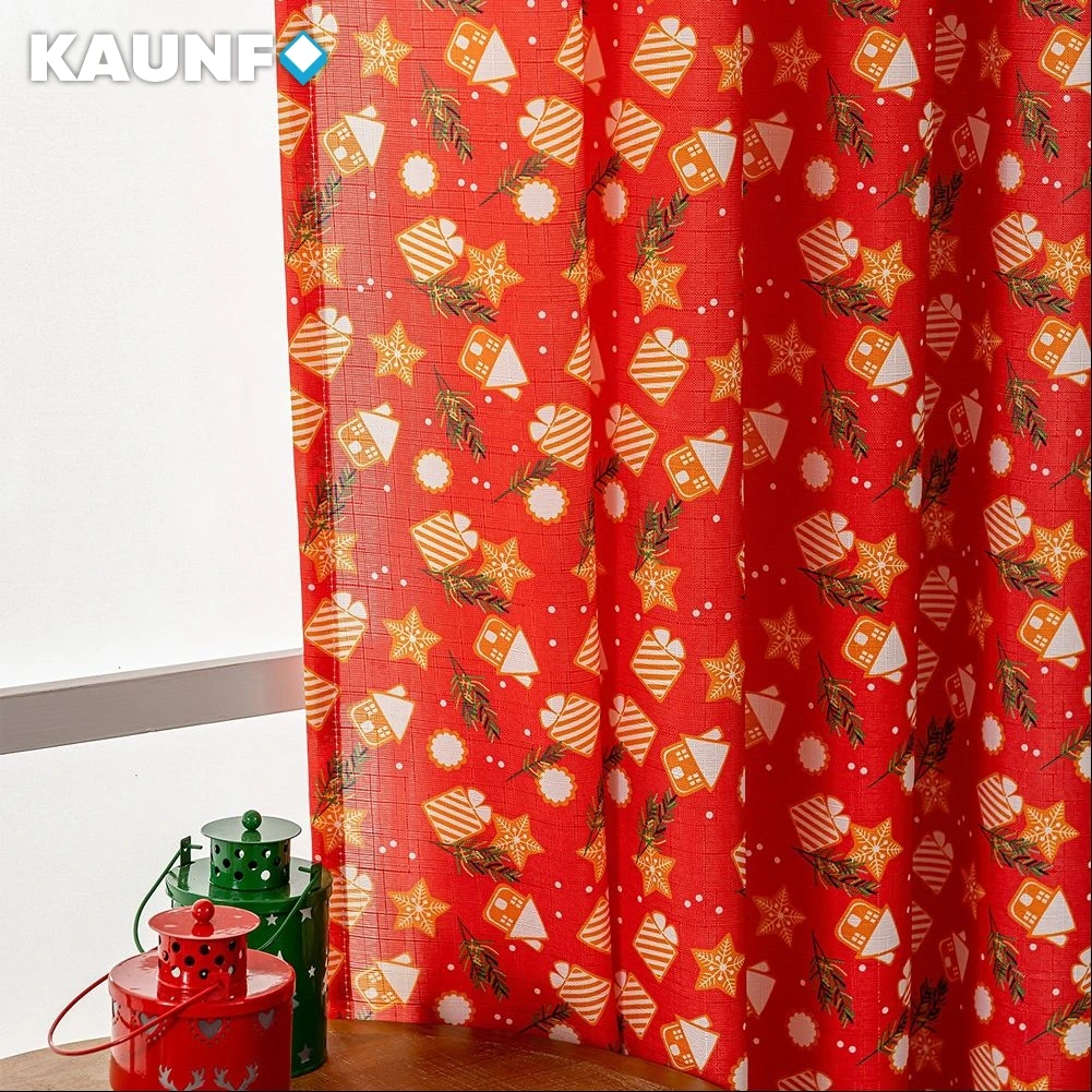 1PC Christmas Curtains for Living Room Red Translucent Curtains Christmas Tree Gift Box Printed Window Drapes Xmas Theme Decor