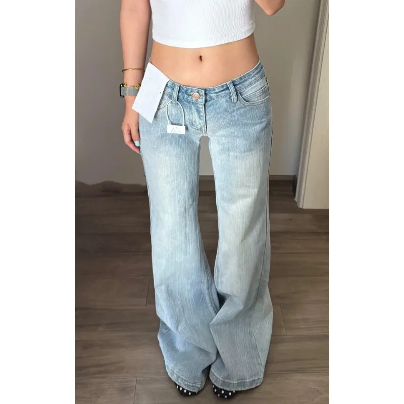 Women Light Blue Low Rise Flare Jeans 2026 New Slub Fabric Loose Slim Non Cling Bootcut Denim Trousers Streetwear