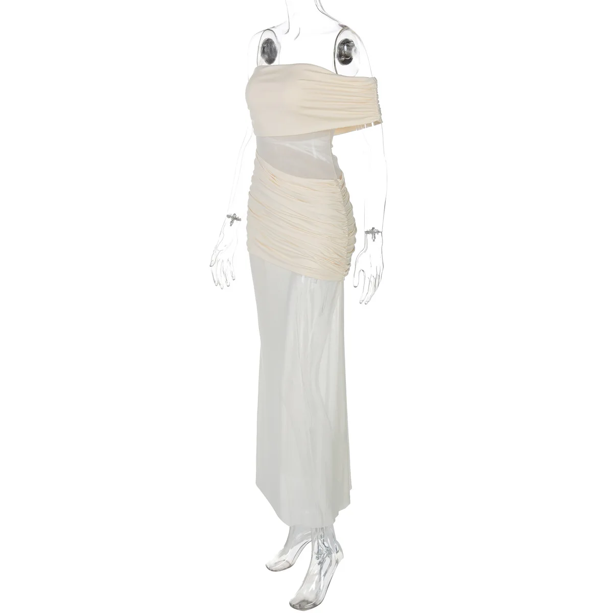 Women Solid Sheer Mesh Patchwork Ruched Bodycon Maxi Party Dress Sexy One Shoulder Backless Slim Summer Holiday Beach Long Robe