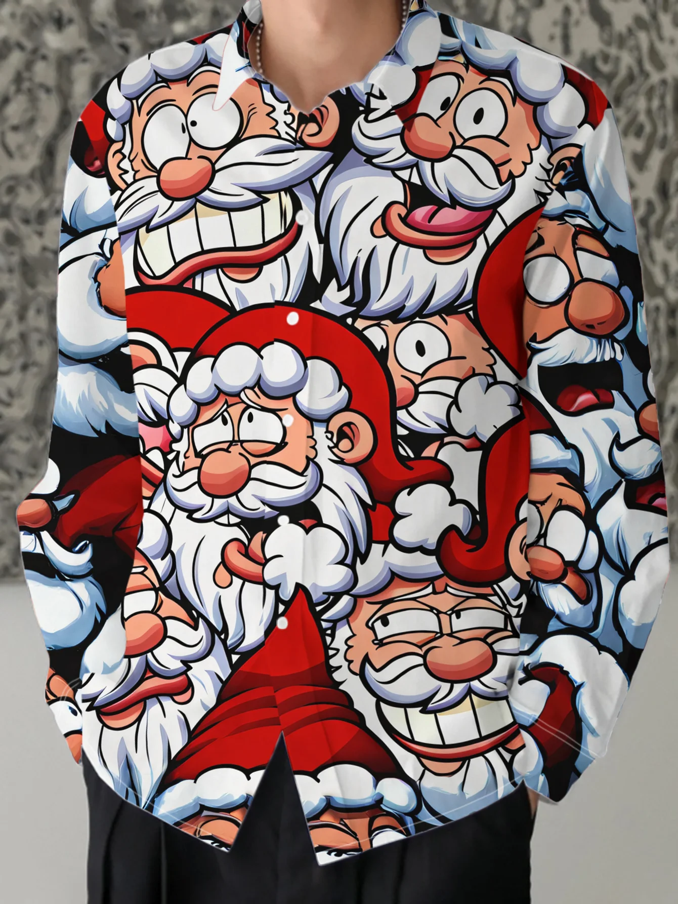 Men Christmas Long Sleeve Shirt Cartoon Santa Face Print Lapel Button Up Holiday Party Dress
