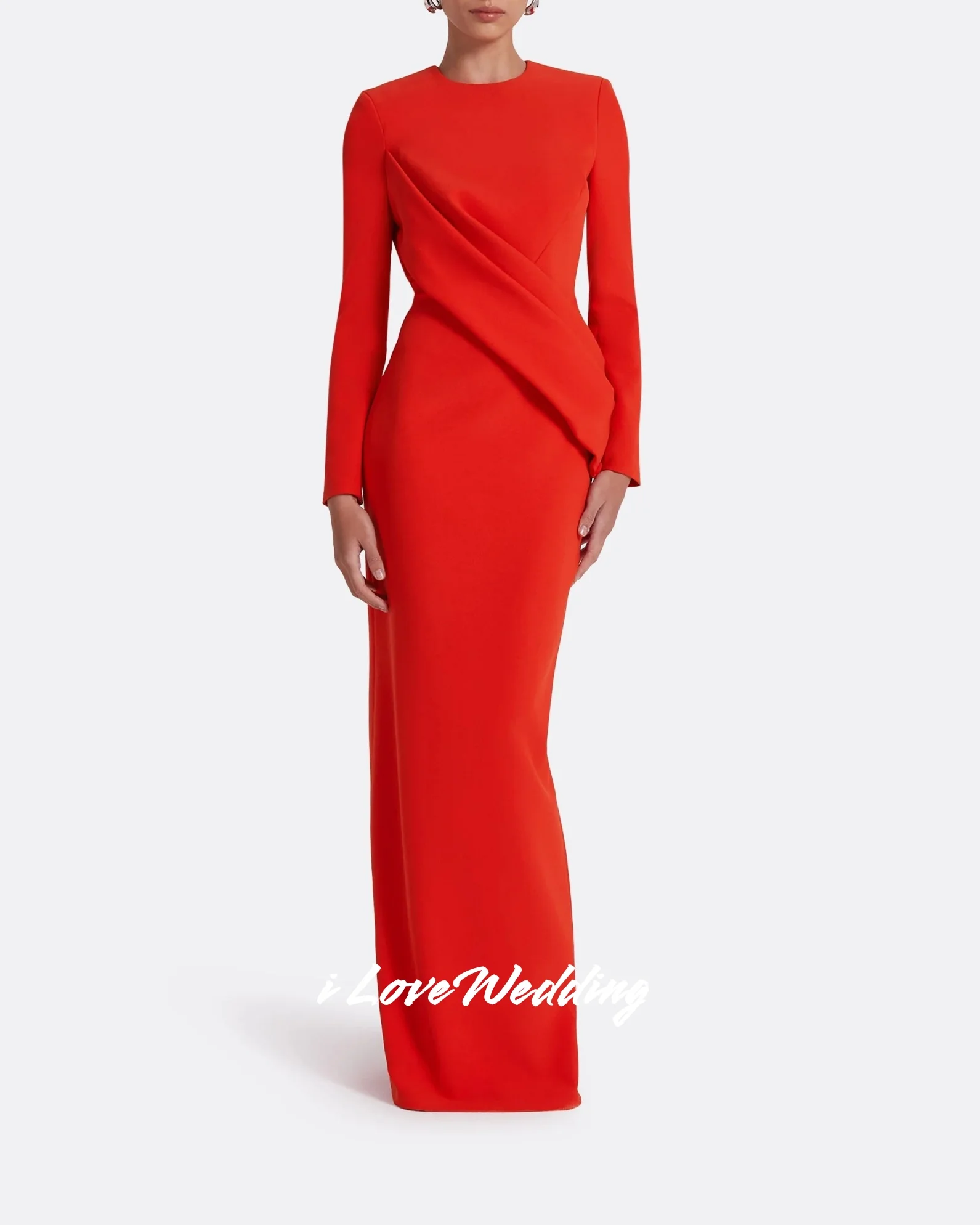 

Red O-Neck Evening Dresses 2025 Satin Long Sleeve Mermaid Split Floor-Length Pleated Prom Dress Wedding Party Dresses Customized