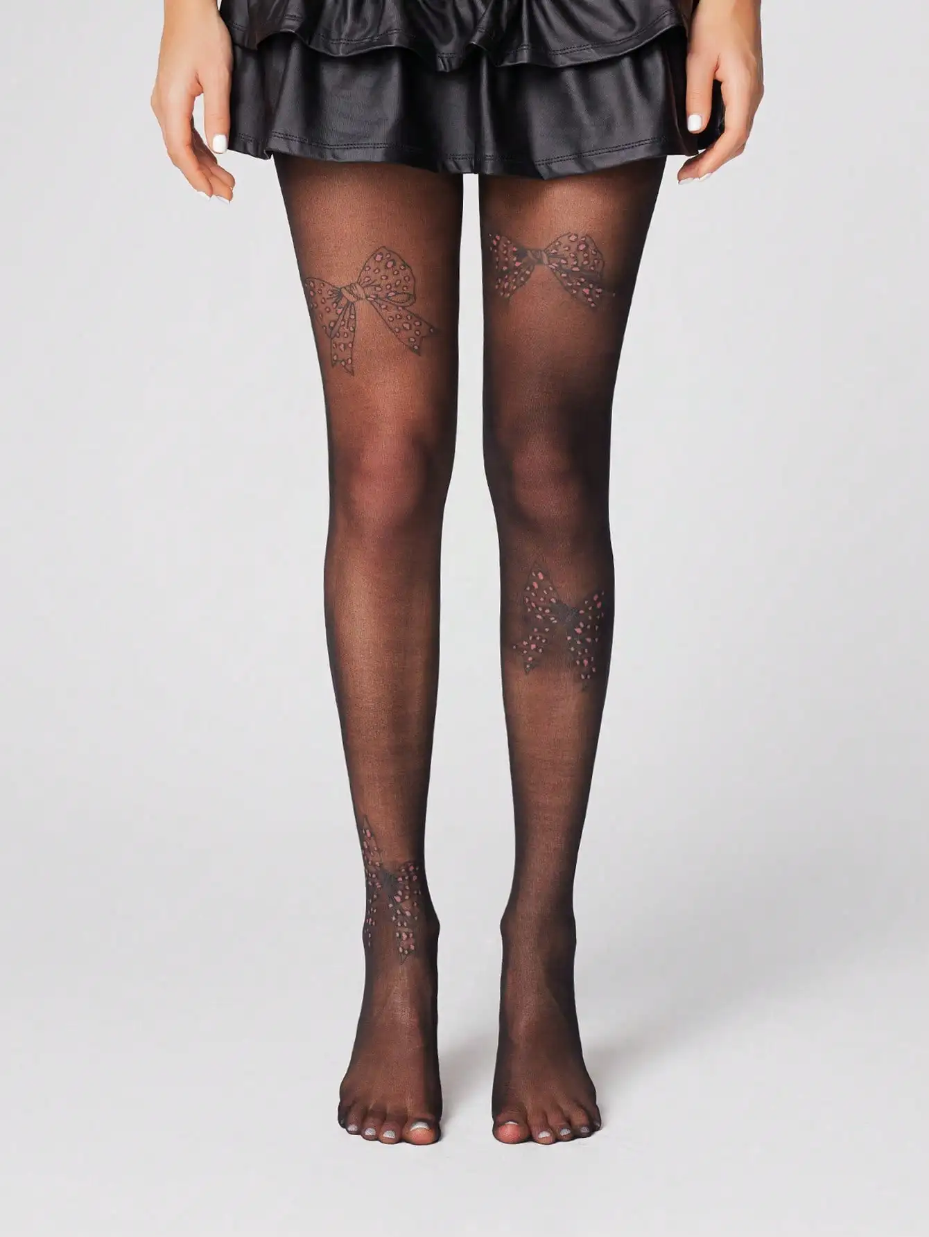 Leopard Bow Printed Sheer Tights Women Skin Color Pantyhose Sweet Cute Stretch Thin Stockings