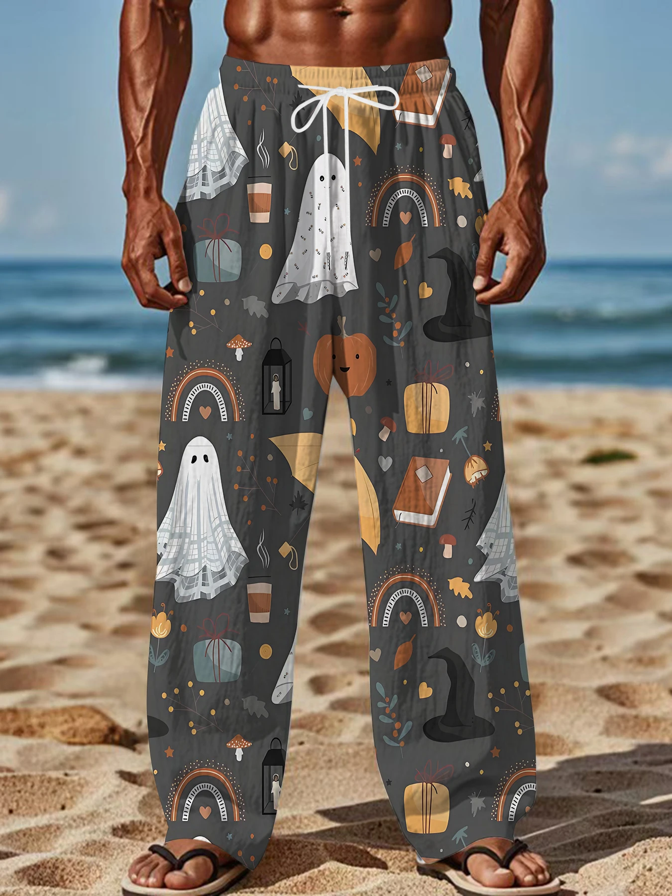 2026 Men's Printed Straight Leg Pants Abstract Wave Pattern Drawstring Waist Loose Fit Summer Beach Casual Lightweight Pants