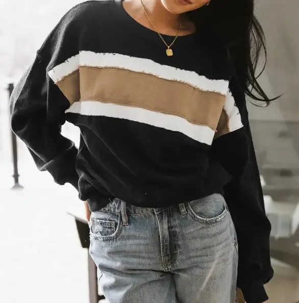 Women's Sweatshirts 2026 Spring Autumn New Color Blocking Round Neck Long Sleeve Loose Fit Casual Daily Pullover Top