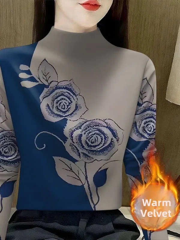 

Warm Thermal Long Sleeve Print Base Shirt Half High Collar Sweater for Women Casual Slim Fit Polyester Fiber Autumn Winter Top
