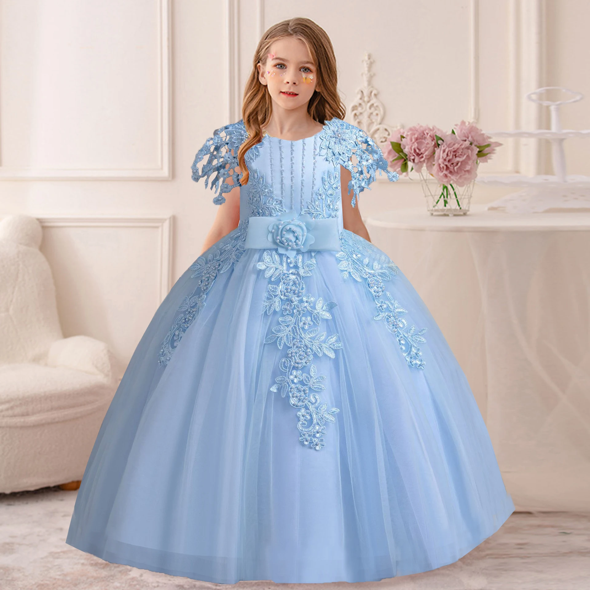 AmyStylish petites grandes filles brodé nœud papillon mariage fleur fille fête d'anniversaire concours robe formelle AC135