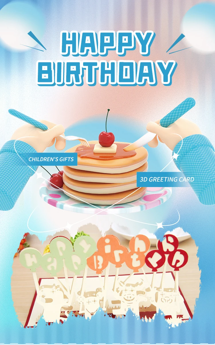 Neue 3D-Pop-UP-Einladungen „Happy Birthday“, Grußkarten, Geschenkpostkarte für Kinder, Kuchen, Klavier, Miniaturen, anpassbare Dankeskarte – Detail 1