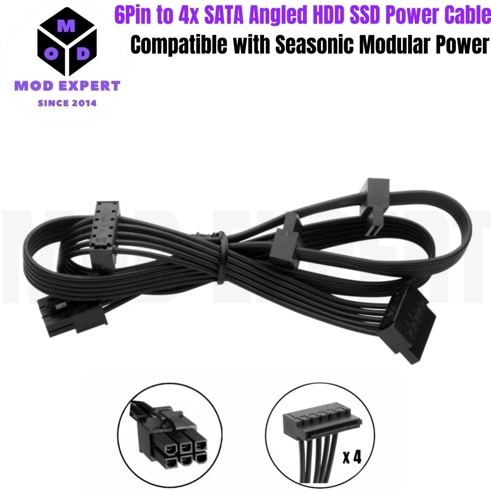 6Pin to 4x SATA Angled, HDD SSD Power Cable for Seasonic CORE GM-650, GM-550, GM-500 GM Semi Modular Power, 18AWG 50+15+15+15 CM