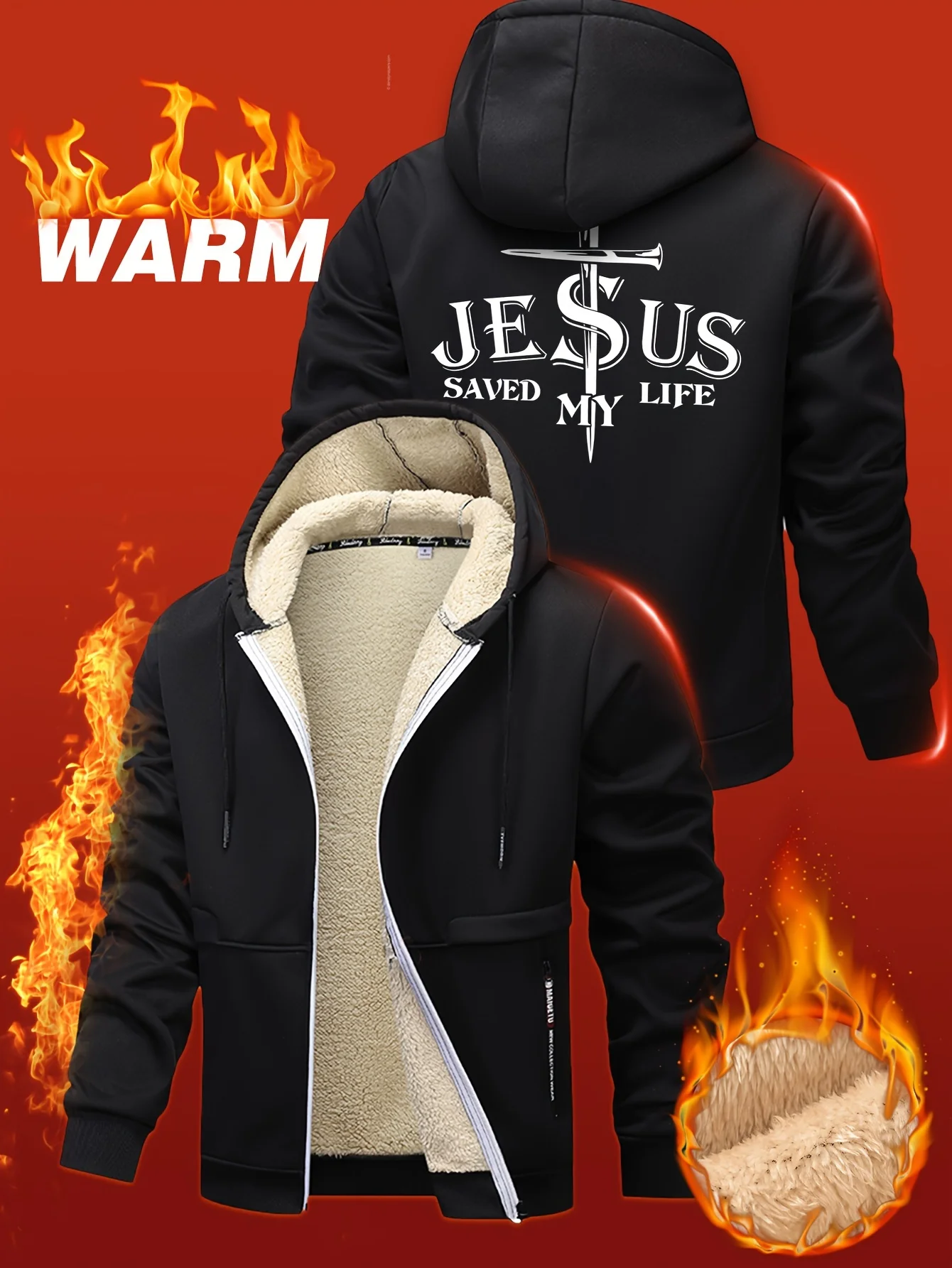 Men's Christian Religious Hooded Jacket - Saves My Life Graphic Zip-Up Coat With Front Pocket Warm Winter Outerwear For Men