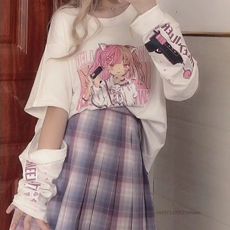Summer Design Japanese Style Printed Cartoon Detachable Short Harajuku New Fashion Sleeve T-shirt Cute Soft Y2K Girl Student Top