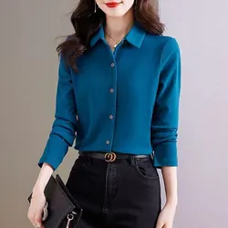 Basic Office Lady Turn-down Collar Shirt Women's Clothing Solid Color Spring Autumn Long Sleeve Stylish Single-breasted Blouse